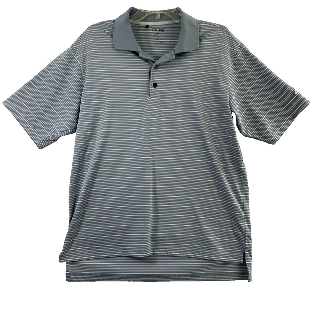 Adidas Polo Shirt Mens M Climalite Grey White Striped Golf Performance Athletic